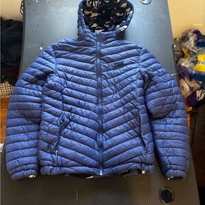 Mens S reversible peakperformaBlue/Camo Puffer Jacket no tag MEASUREMENTS SHOWN
